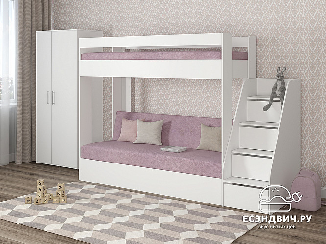 Кровать двухъярусная с диваном и лестницей-комодом "Лаворо" (Белый/Рогожка Savana Plus Dimrose (AT)) D_B3