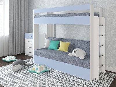 Кровать двухъярусная с диваном "Лаворо" (Белый/Серенити/Велюр Lama Stone (LT)) D - 1