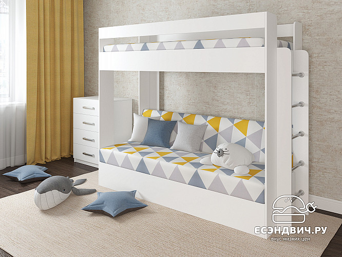 Кровать двухъярусная с диваном "Лаворо" (Белый/Принт Otto Yellow (AT)) D