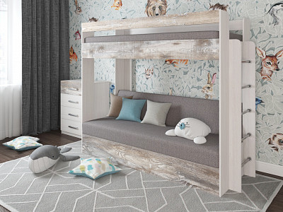 Кровать двухъярусная с диваном "Лаворо" (Анкор белый/Бетон пайн экзотик/Рогожка Bahama Ash (AT)) D - 1