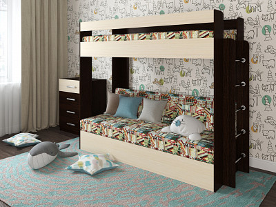 Кровать двухъярусная с диваном "Лаворо" (Венге/Выбеленный Дуб/Велюр Наска 02 (BN)) D - 1
