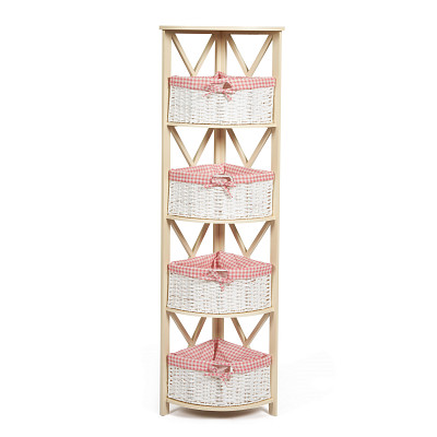 Этажерка угловая 4 корз. "Бриджит"(МДФ/Дерево цвет слоновая кость/Ткань красная клетка) Tch/9753 - 1