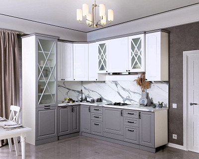 Кухня угл. 2,7х2,0 лев. с фарт. "Милано" (Белый/Серый) (ЛМДФ/Лак/Патина) /Sk/Vk - 1