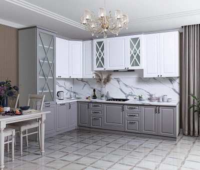 Кухня угл. 3,2х2,1 лев. с фарт. "Милано" (Белый/Серый) (ЛМДФ/Лак/Патина) /Sk/Vk - 1