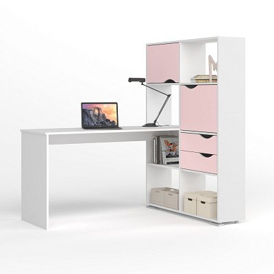 Стол письменный угловой прав. L "Лаворо" (Белый / Розовый кварц) D