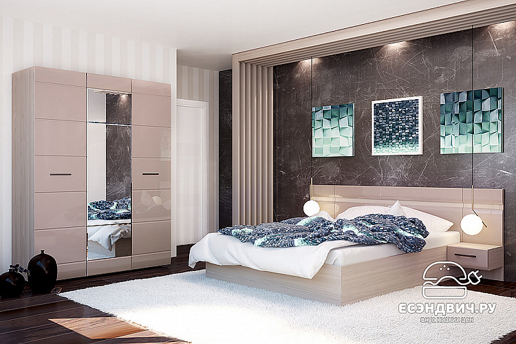 Кровать 1600 с подъёмн.мех-м "Милена" (МДФ) (Ясень/Какао перламутр глянец) /Gnt/Нс