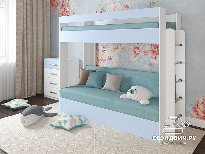 Кровать двухъярусная с диваном "Лаворо" (Белый/Серенити/Велюр Vital Blue (AT)) D