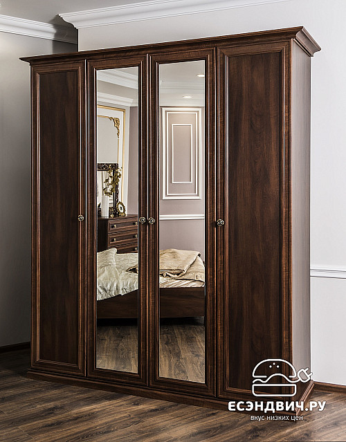 Шкаф 4-х дв.1,89 (штанга/полки) "Таис" (МДФ) (Орех караваджо/Патина/Лак/Зеркало) UgAf