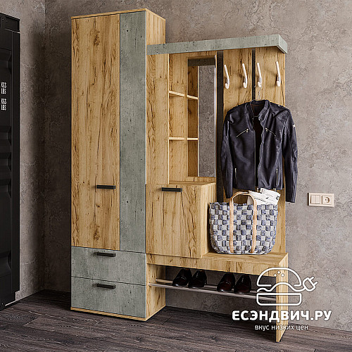 Прихожая 1,5 "Тринити" (Крафт/Метрополитан грей/Зеркало) /BTS/Трм