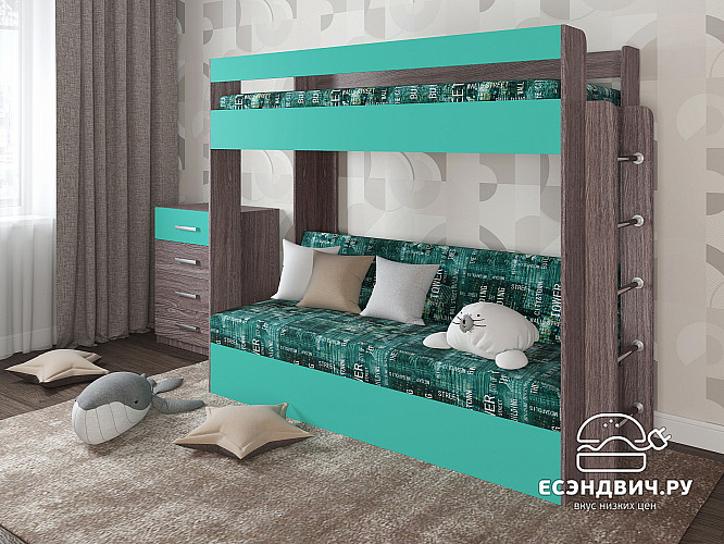 Кровать двухъярусная с диваном "Лаворо" (Анкор тёмный/Аква/Принт Central Lagoon (AT)) D