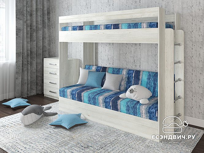 Кровать двухъярусная с диваном "Лаворо" (Сосна винтерберг/Принт Savage Ocean (AT)) D