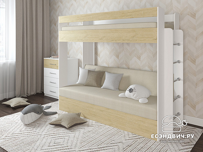 Кровать двухъярусная с диваном "Лаворо" (Белый/Пикард/Рогожка Bahama Plus Sand (AT)) D