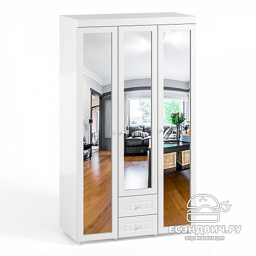 Шкаф 3х дверн. (560) с ящ. tre "Леон"(МДФ)(Белый/Белое дерево/Зеркало)/Vs/МН-58