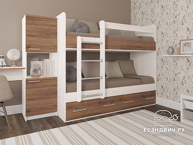 Кровать двухъярусная с ящиками "Лаворо" (Анкор белый/Дуб Аризона) D