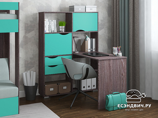 Стол письменный угловой лев. "Лаворо" (Анкор тёмный/Аква) D