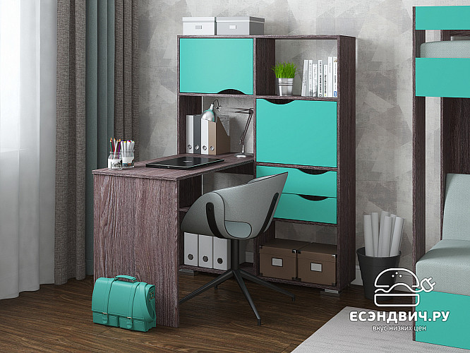 Стол письменный угловой прав. "Лаворо" (Анкор тёмный/Аква) D