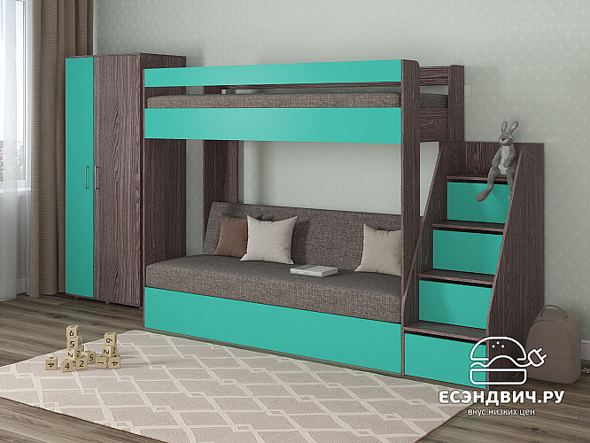 Кровать двухъярусная с диваном и лестницей-комодом "Лаворо" (Анкор тёмный/Аква/Рогожка Savana Latte (AT)) D_B3