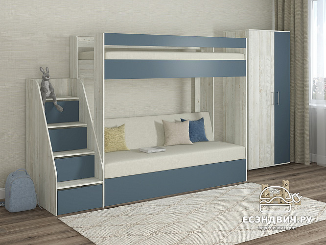 Кровать двухъярусная с диваном и лестницей-комодом "Лаворо" (Сосна винтерберг/Маренго/Рогожка Savana Milk (AT)) D_B3