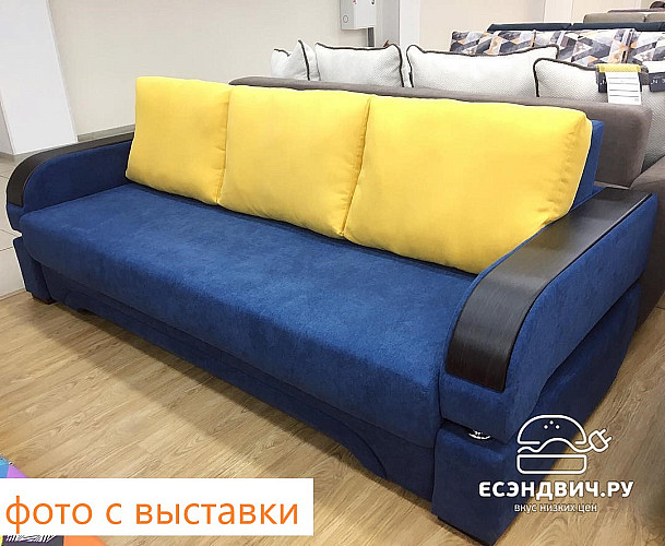 Диван-еврокнижка Диего (Велюр Dream Indigo (AT)/Иск.кожа Mercury Black 620 (AT)/Жаккард Milano Damask Indigo (AT)/МДФ Венге)