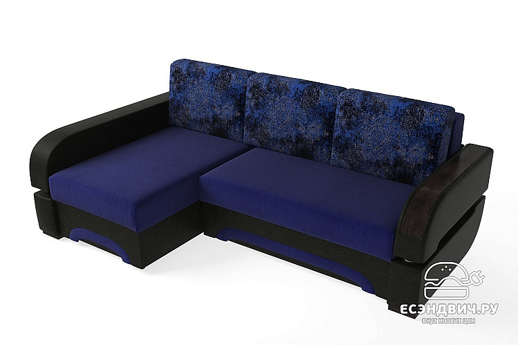 Диван угловой (универс.угол) Диего (Велюр Dream Indigo (AT)/Иск.кожа Mercury Black 620 (AT)/Жаккард Milano Damask Indigo (AT)/МДФ Венге)