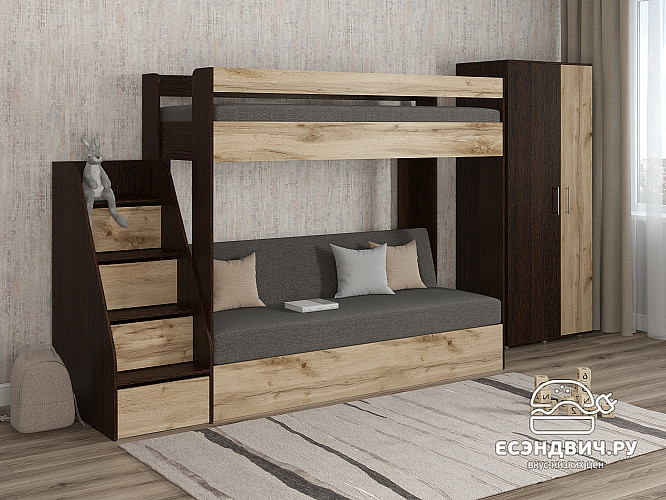 Кровать двухъярусная с диваном и лестницей-комодом "Лаворо" (Венге/Дуб вотан/Рогожка Savana Grey (AT)) D_B3