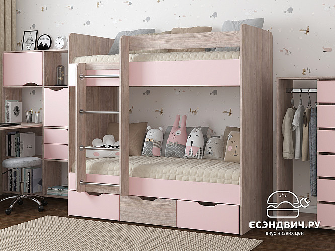 Кровать двухъярусная 70х160 tre "Лаворо" (Анкор светлый/Розовый кварц) D