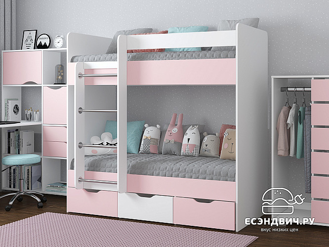 Кровать двухъярусная 70х160 tre "Лаворо" (Белый/Розовый кварц) D