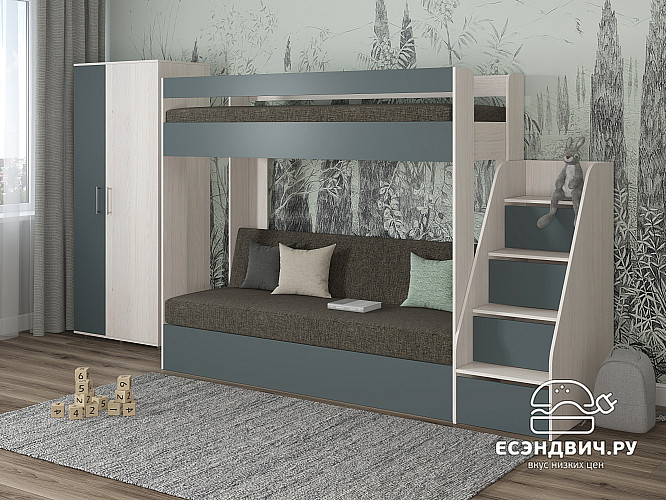 Кровать двухъярусная с диваном и лестницей-комодом "Лаворо" (Анкор белый/Базальт/Рогожка Savana Grey (AT)) D_B3