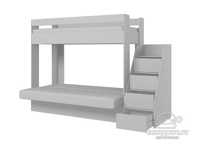 Кровать двухъярусная с диваном и лестницей-комодом "Лаворо" (Анкор белый/Ирис/Рогожка Savana Grey (AT)) D_B3