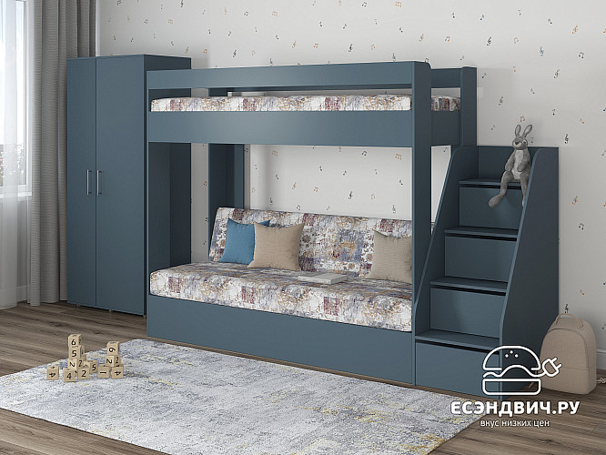 Кровать двухъярусная с диваном и лестницей-комодом "Лаворо" (Маренго/Принт Verdi Mocca (AT)) D_B3