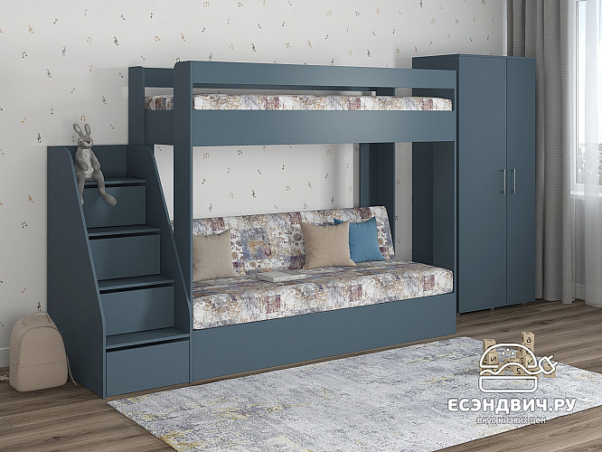 Кровать двухъярусная с диваном и лестницей-комодом "Лаворо" (Маренго/Принт Verdi Mocca (AT)) D_B3