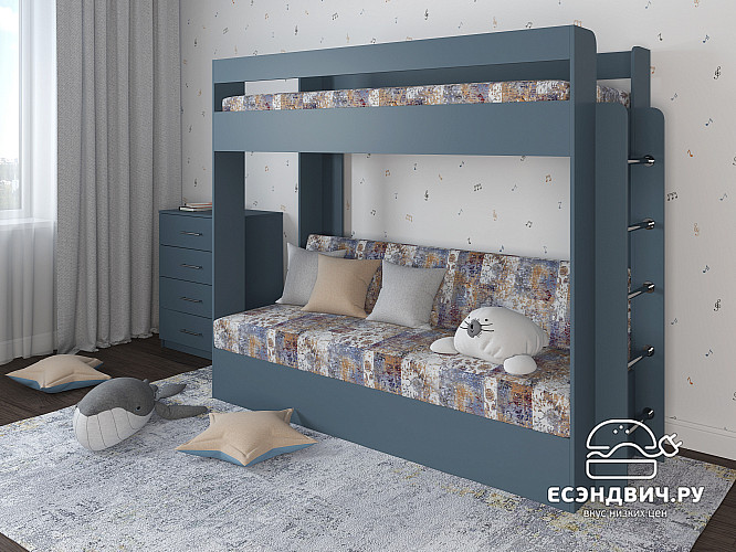 Кровать двухъярусная с диваном "Лаворо" (Маренго/Принт Verdi Mocca (AT)) D