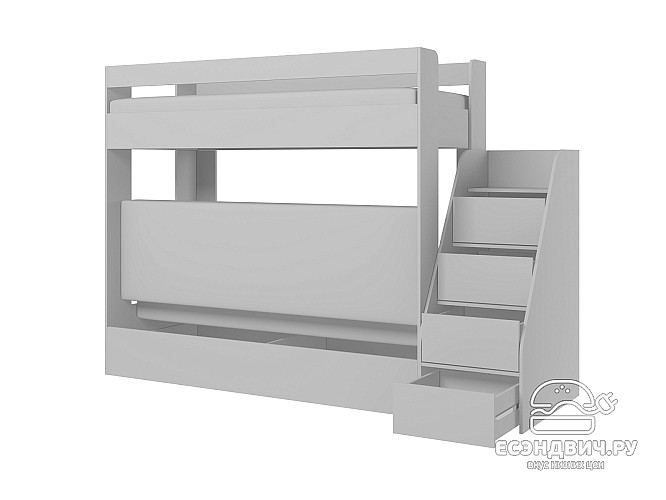 Кровать двухъярусная с диваном и лестницей-комодом "Лаворо" (Белый/Savana Plus Lagoon) D_B3