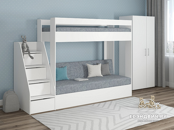 Кровать двухъярусная с диваном и лестницей-комодом "Лаворо" (Белый/Рогожка Savana Plus Mouse) D_B3