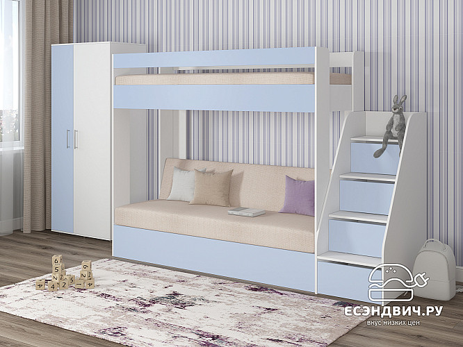 Кровать двухъярусная с диваном и лестницей-комодом "Лаворо" (Белый/Серенити/Savana Plus Ivory) D_B3