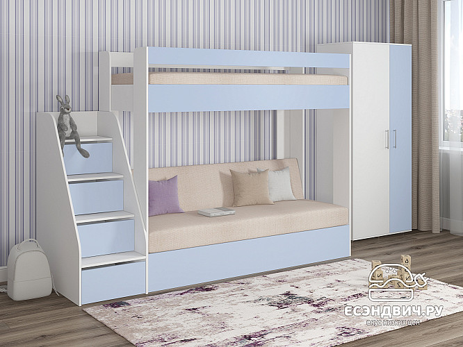 Кровать двухъярусная с диваном и лестницей-комодом "Лаворо" (Белый/Серенити/Savana Plus Ivory) D_B3