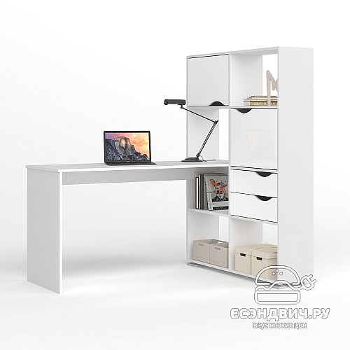 Стол письменный угловой прав. L "Лаворо" (Белый / Белый глянец) D